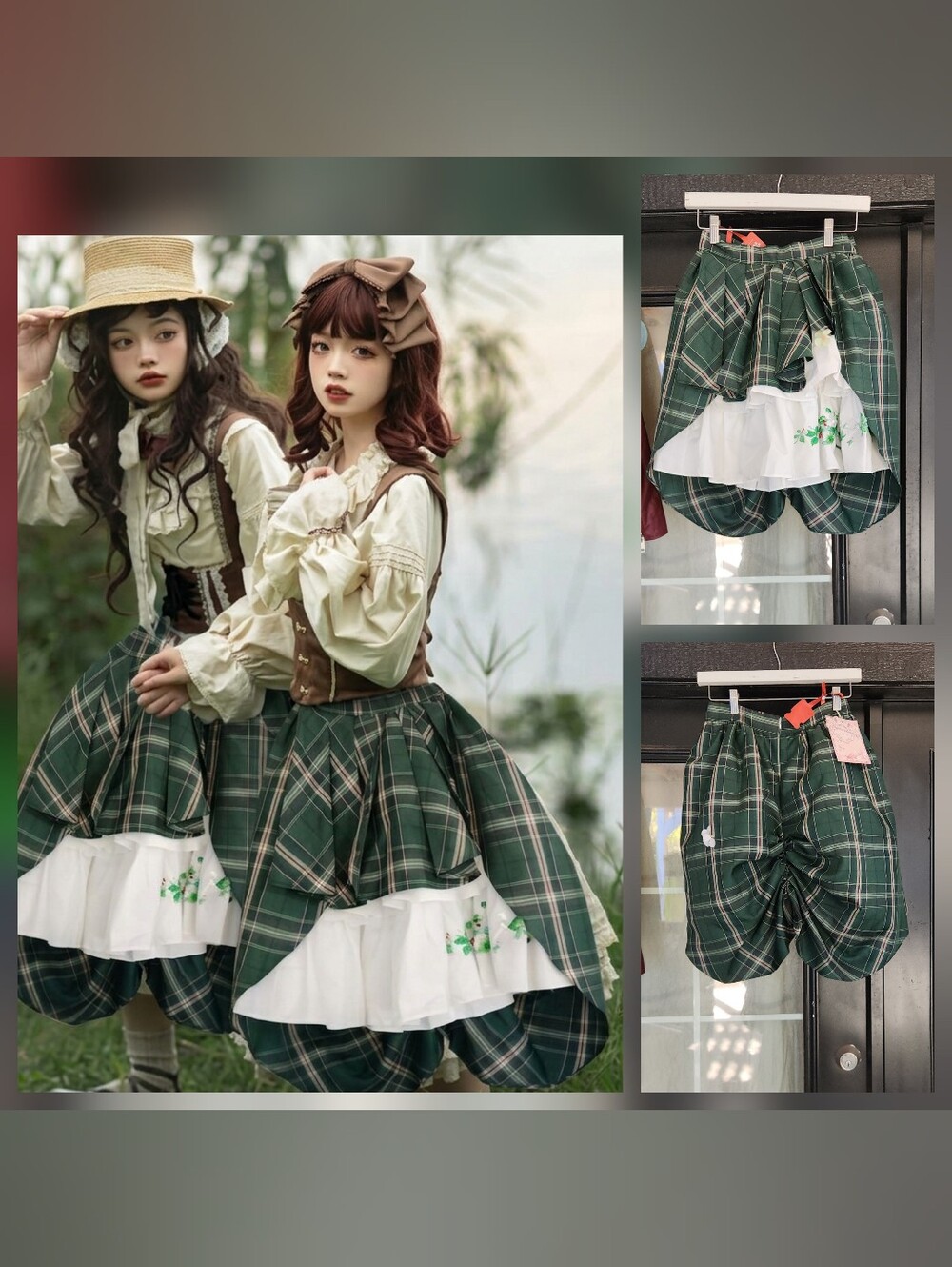 RARE Victorian-Inspired Green Plaid Bubble Skirt with White Ruffle